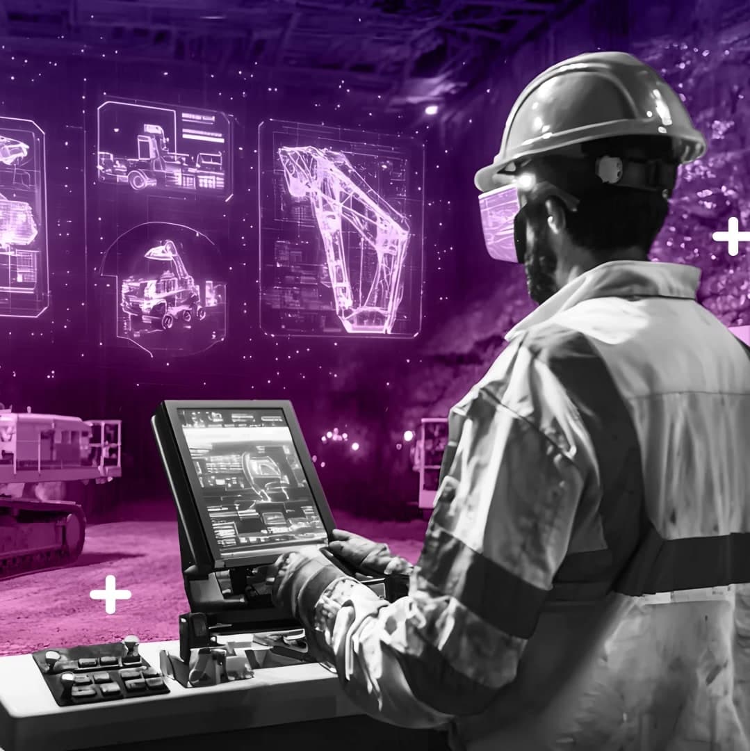 Operador de minería en una estación de control, supervisando maquinaria pesada a través de pantallas holográficas de datos en tiempo real.